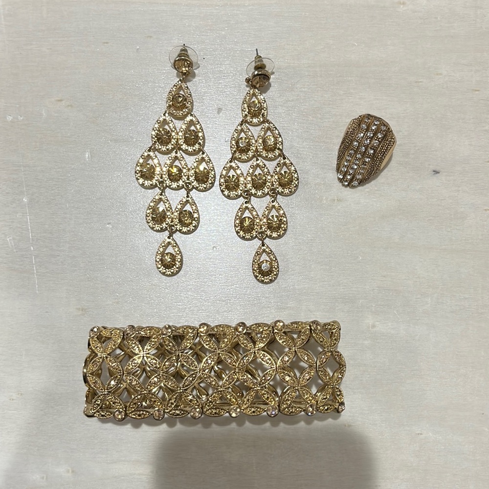 Gold and Yellow Jewels Bracelet, Earring, + Ring Bundle